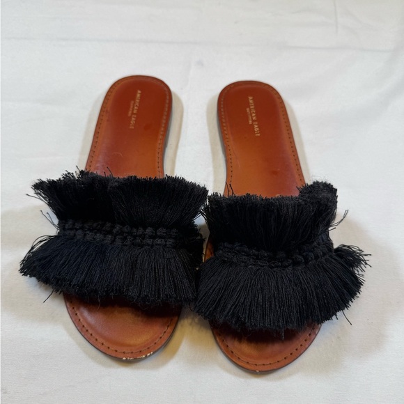 American Eagle Women’s Boho Fringed Black Slide Sandals - Worn once! - Picture 2 of 7